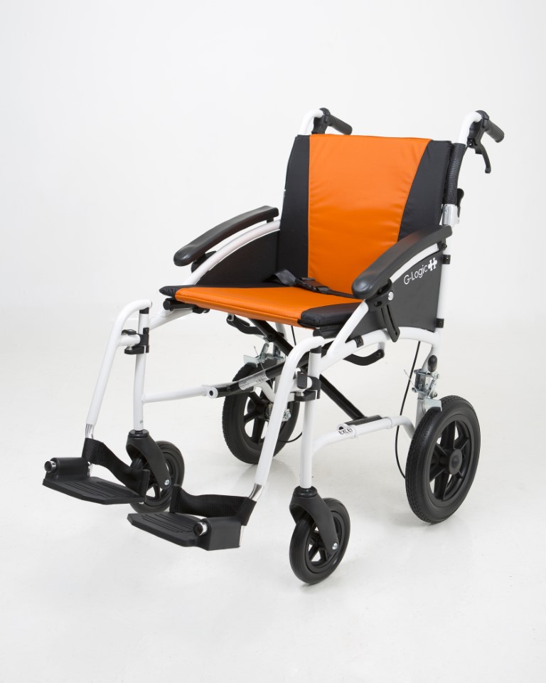 Excel G-Logic Lightweight Transit Wheelchair With Silver Frame and Orange Upholstery 20'' Wide Seat